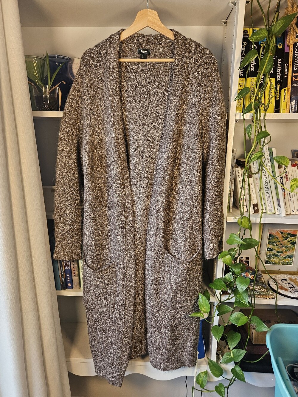 Roots Heathered Brown Open-Front Knit Cardigan Alpaca Blend Size Large Cozy Fall